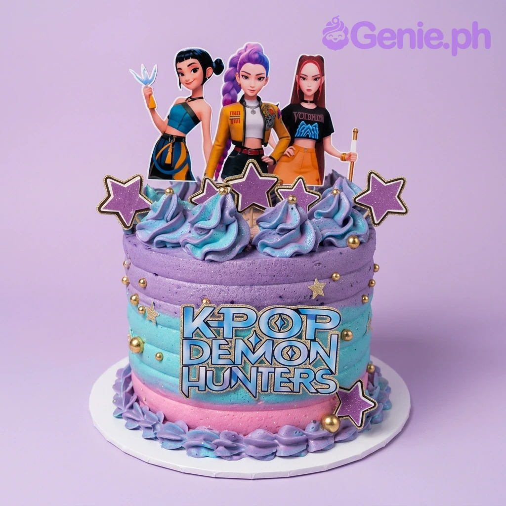 Kpop Demon Hunters-Inspired Purple Birthday Cake Kpop Demon Hunters themed cake with purple, teal, and pink gradient icing, character printouts, and gold star accents.