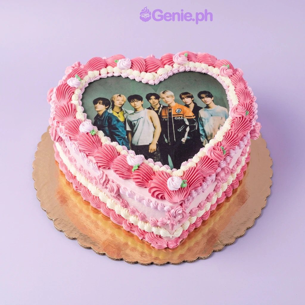Kpop-Inspired Heart Cake One tier Kpop Heart cake with soft pink icing, a photo print of a K-pop group, and white and pink piped icing rosettes