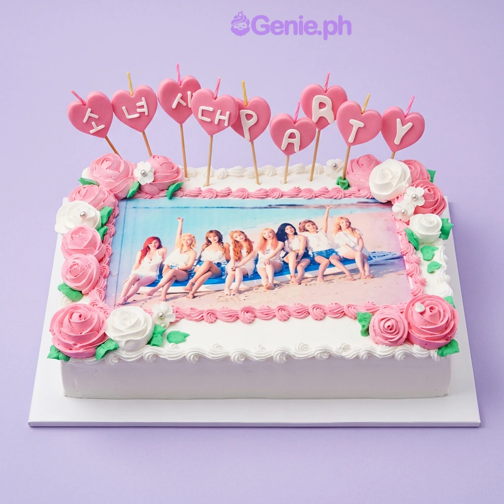 Rectangle cake with edible photo print of Kpop group and pink heart toppers