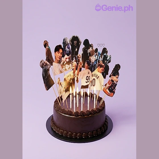 Kpop-Inspired Photo Brown Birthday Cake Chocolate 1-tier cake with multiple K-pop photo printouts on sticks and lit candles