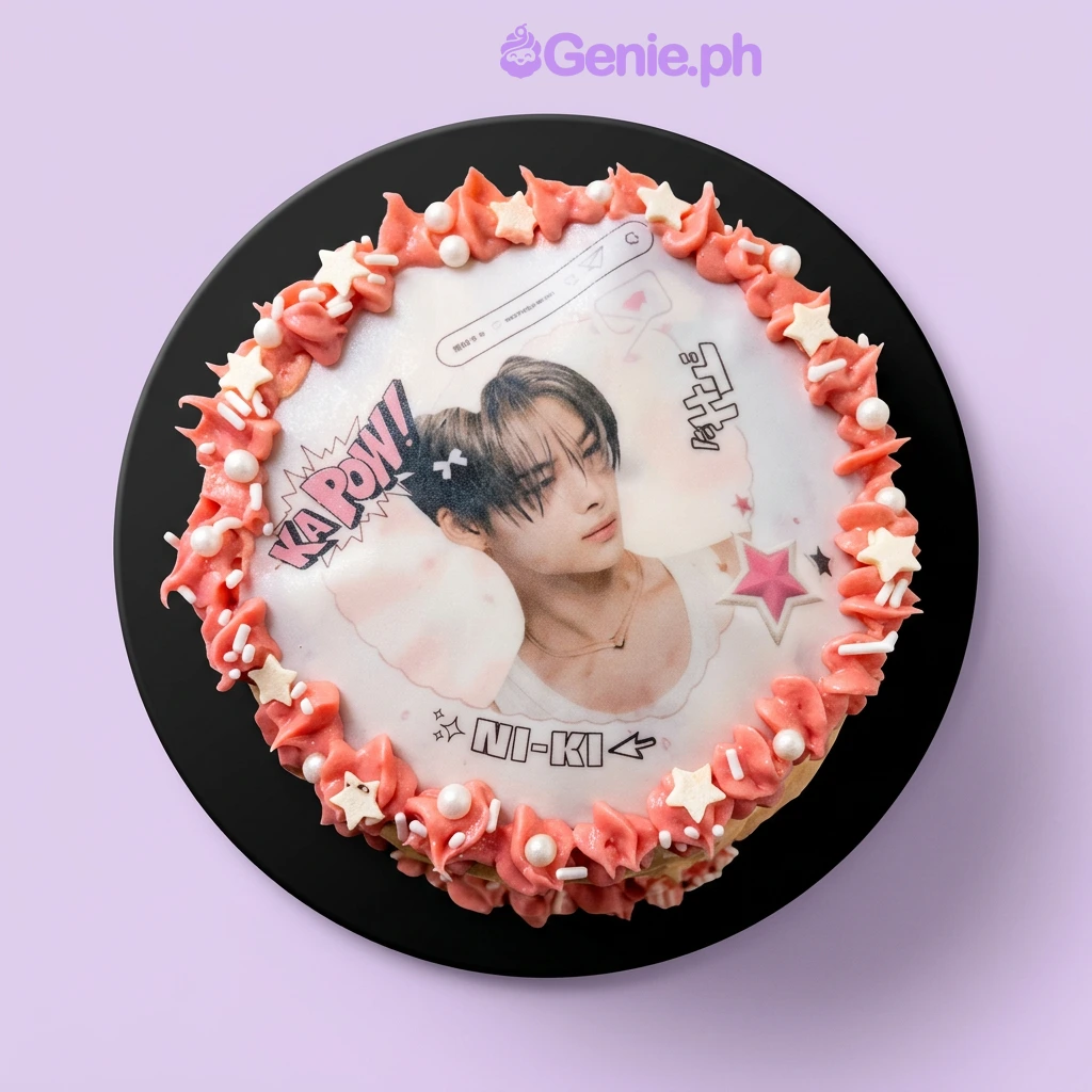 Pink 1-tier cake with edible photo print of a person and piped icing border