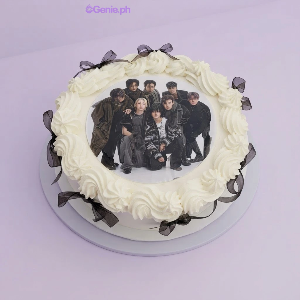 Kpop-Inspired Photo White Bow Cake White 1-tier cake with soft icing, a large printed kpop group photo on top, and black ribbon bow accents