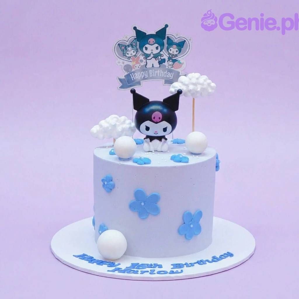Kuromi-Inspired Birthday Sky Blue Cake Light blue 1-tier birthday cake with Kuromi character topper and white cloud decorations