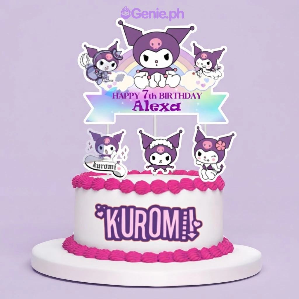Kuromi-Inspired Birthday White Cake White 1-tier birthday cake with Kuromi character printout toppers and hot pink piped borders