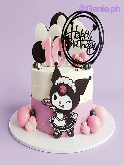Kuromi-Inspired Birthday 2-Tier Cake Pink and white 2-tier birthday cake with Kuromi character printout and Happy Birthday topper