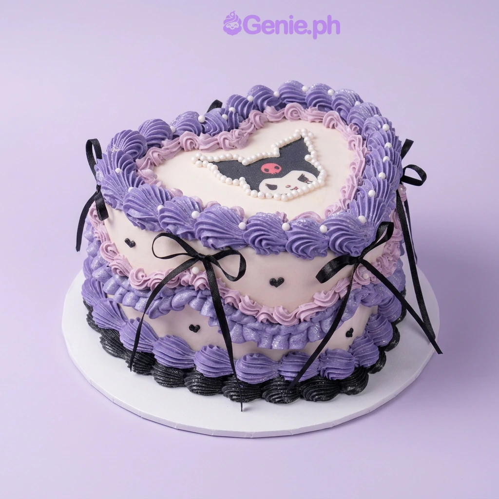 Kuromi-Inspired Heart Cake One tier cake with Kuromi character printout, soft lavender icing, black satin ribbons, black piped hearts, and white pearl dragees