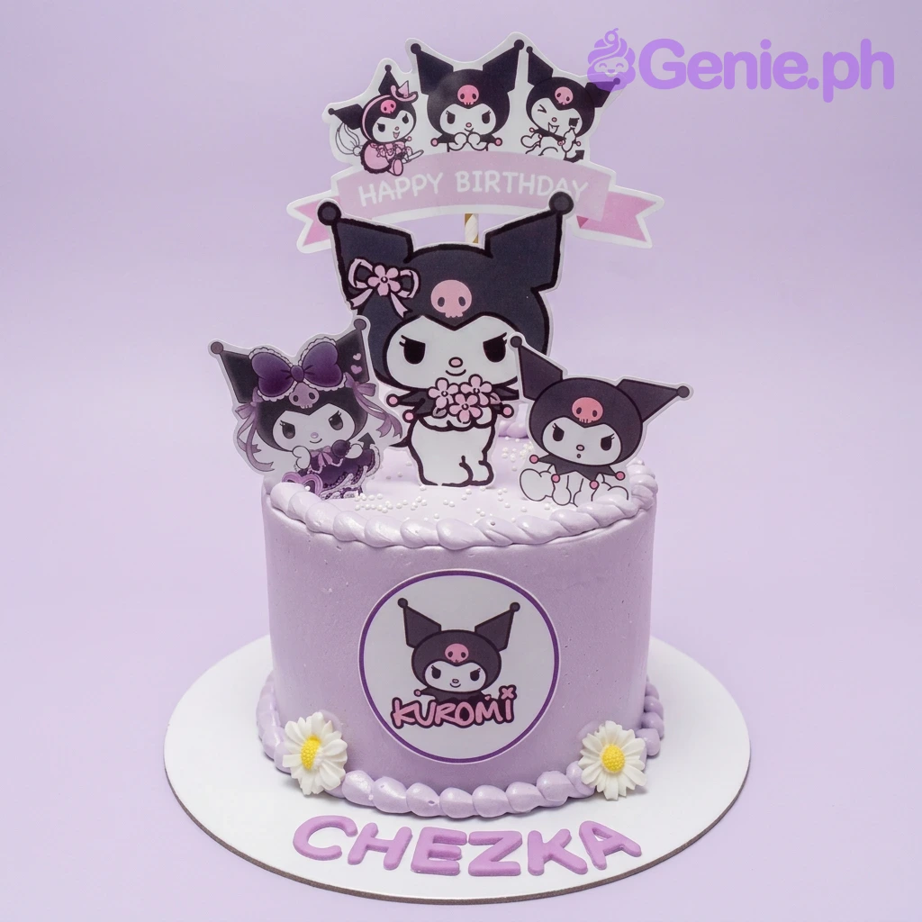 Kuromi-Inspired Lavender Floral Birthday Cake A light purple and white 1 Tier cake themed around Kuromi, featuring Kuromi character printouts, a Happy Birthday banner, white icing borders, and daisy decorations.