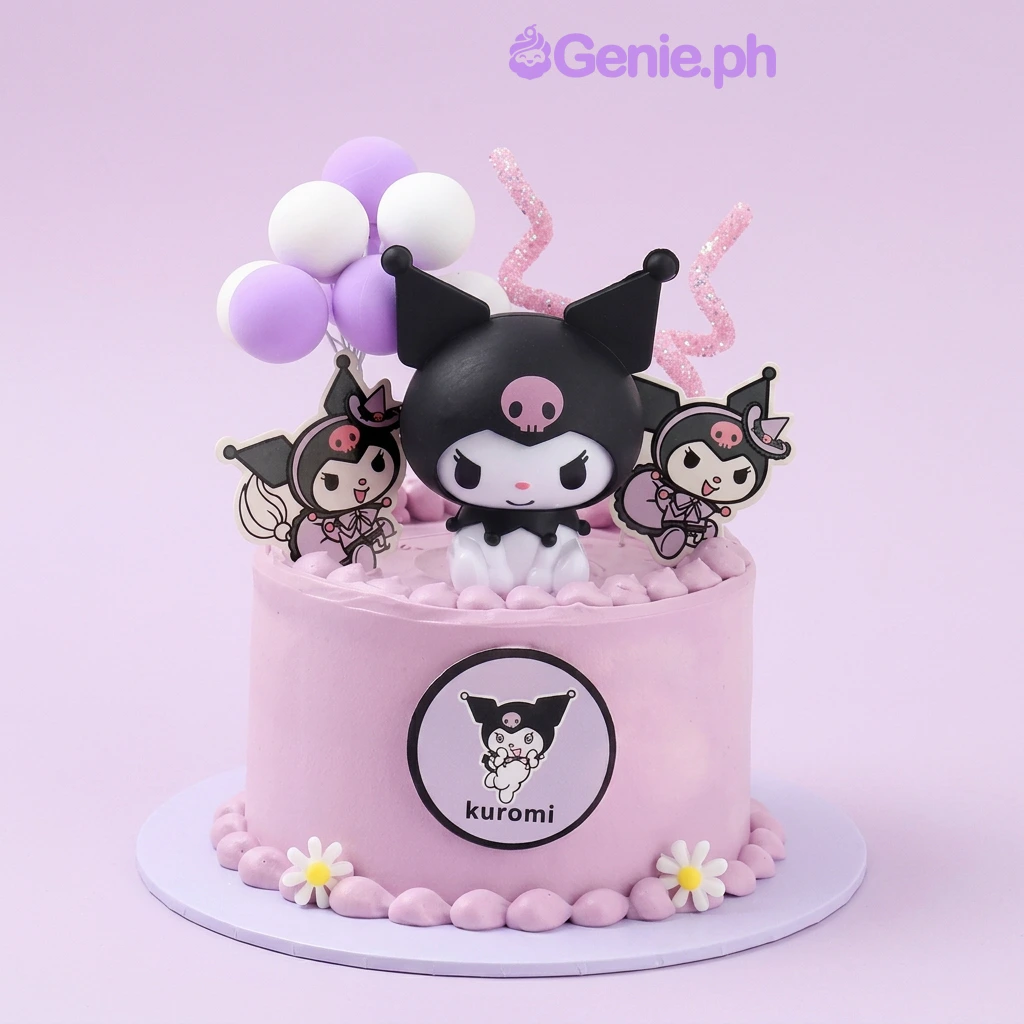 Kuromi-Inspired Light Pink Cake One tier light pink cake with a Kuromi figurine, Kuromi printouts, fondant balloons, curly decorations, and white daisy flowers