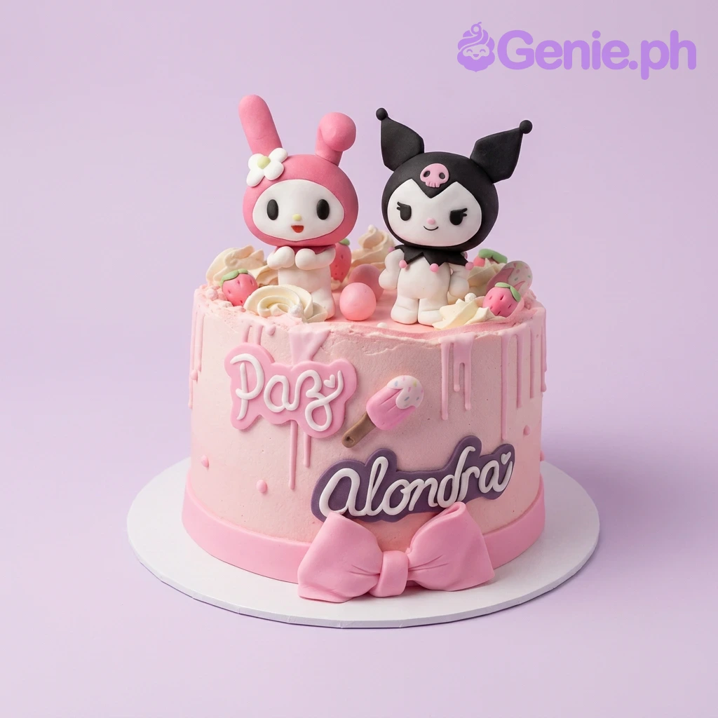 Kuromi-Inspired Light Pink Bow Birthday Cake A pink 1-tier cake themed around Kuromi and My Melody, featuring fondant characters, pink icing drips, and a large pink bow.