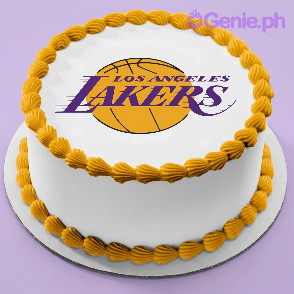 Lakers Basketball White Cake A white round cake with yellow icing borders, themed for Lakers Basketball, featuring a large Los Angeles Lakers logo.