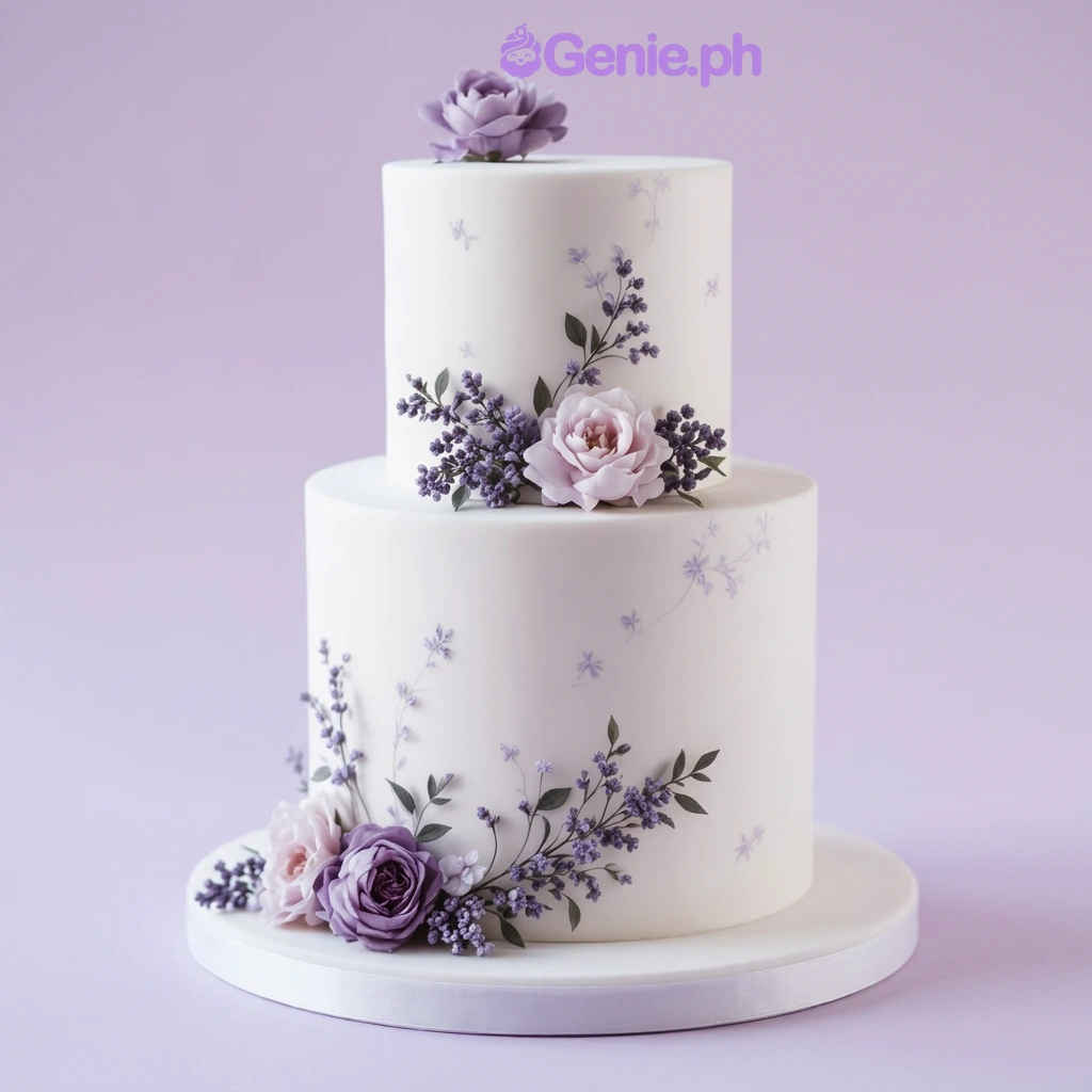 Lavender Floral White 2-Tier Wedding Cake A white 2 Tier Fondant cake with a Lavender Floral theme, featuring edible purple and pink roses, lavender sprigs, and painted florals.