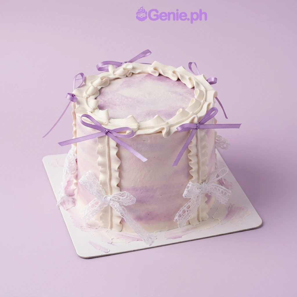 Lavender Ribbon Lace Birthday Cake Lavender and white marbled 1-tier cake with soft icing, vertical piped ruffles, and decorative purple satin and white lace bows