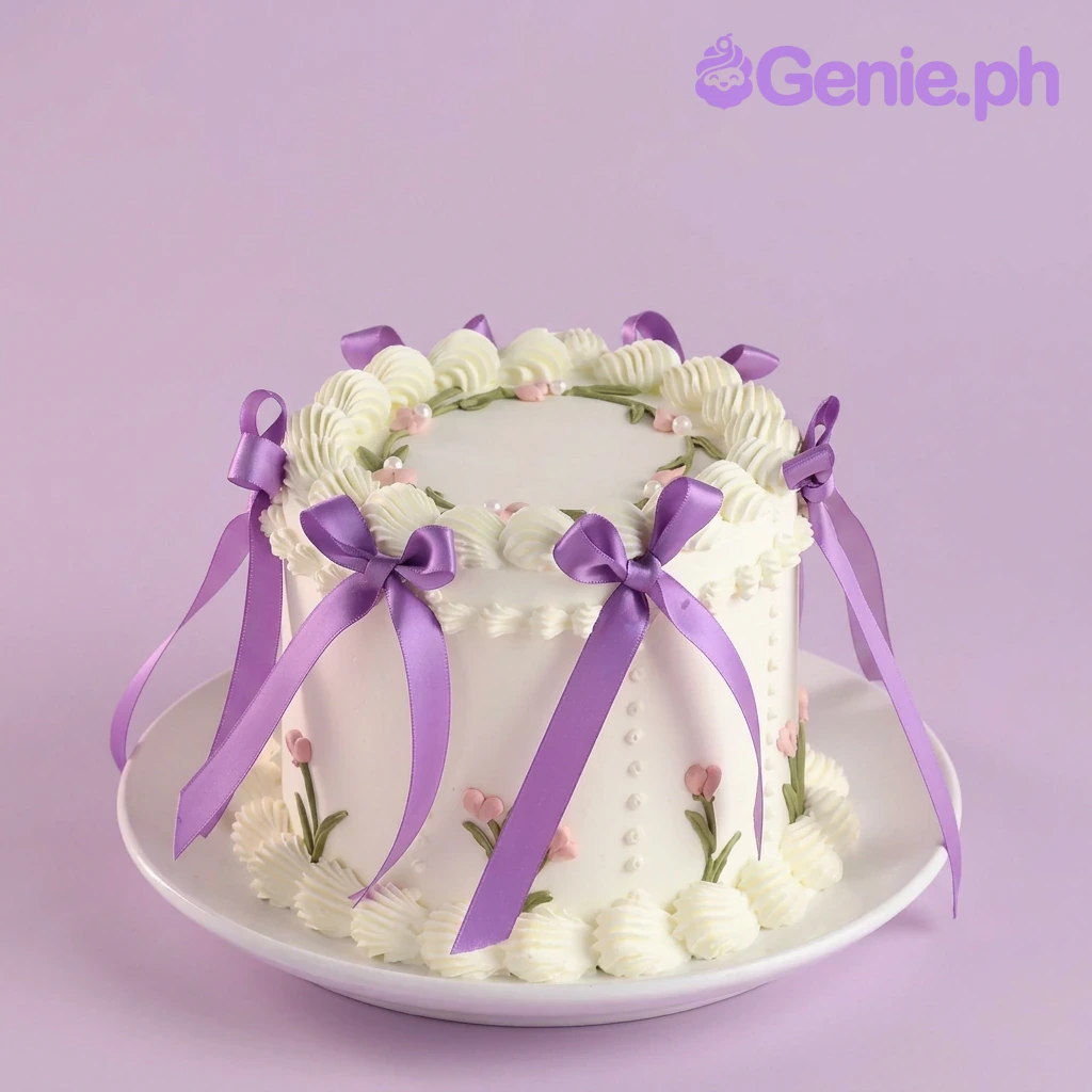 Lavender Ribbon White Floral Birthday Cake A white 1-tier cake featuring lavender satin ribbon bows, white piped rosettes, pink floral icing, and white pearl beads.