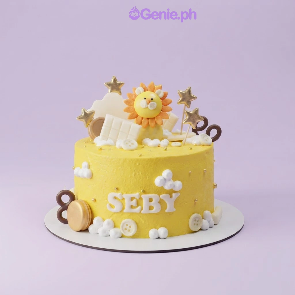 Lion Birthday Yellow Glitter Cake A yellow 1 Tier cake themed for a Lion Birthday, featuring an edible lion figure, gold stars, white clouds, and 'SEBY' text.