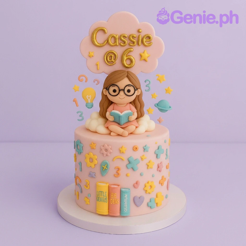 Little Genius Pink Birthday Cake A pink 1 Tier Fondant cake, Little Genius themed, with a girl reading a book, clouds, stars, and educational symbols.