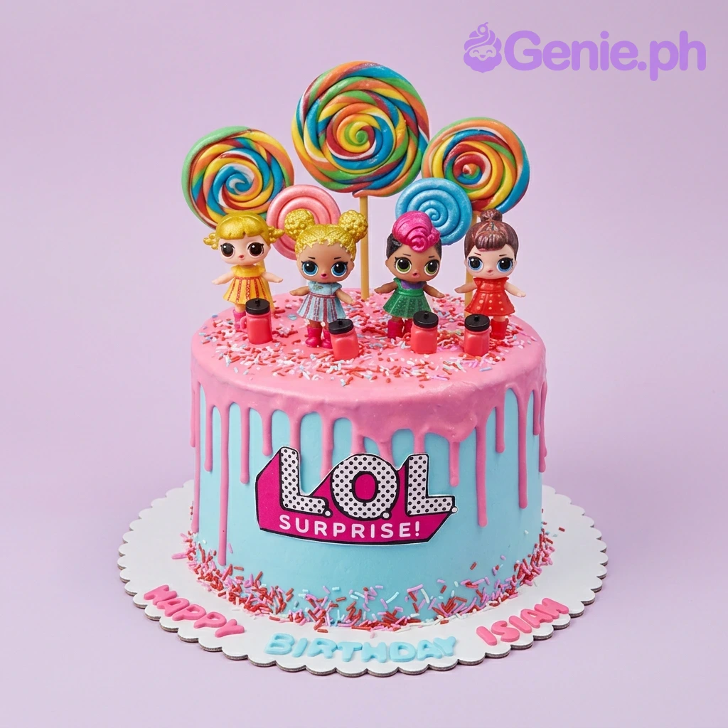 A light blue 1 Tier LOL Surprise cake with pink drip, featuring character figurines, lollipop printouts, and pink and white sprinkles.