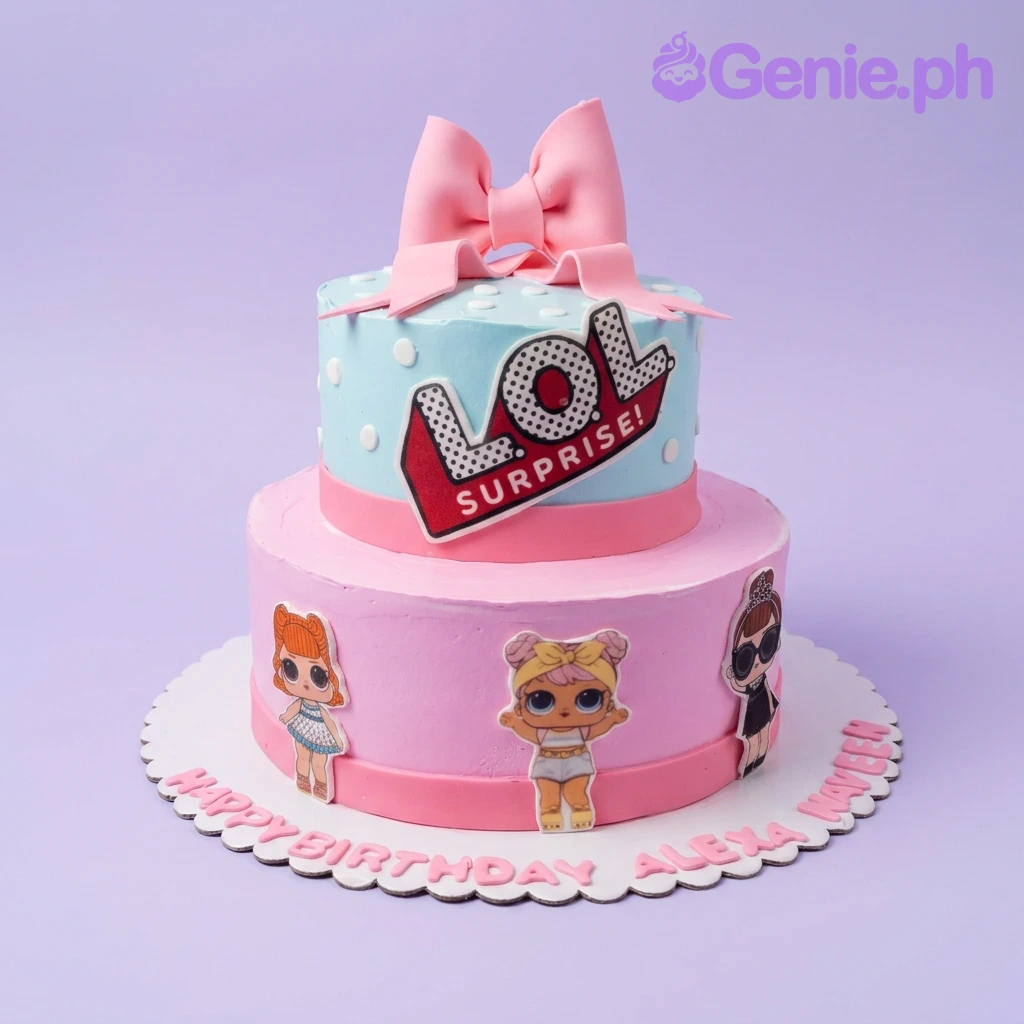 A blue and pink two-tier fondant cake themed around LOL Surprise, featuring a pink bow, character cutouts, and polka dots.