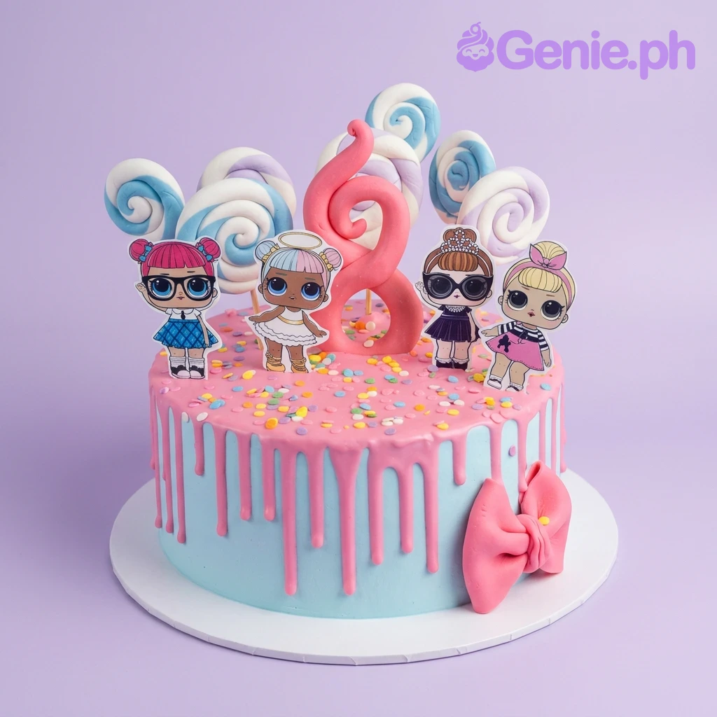 A pink and light blue 1-tier cake themed around LOL Surprise, featuring a pink number eight, character cutouts, pink drip, and meringue pops.