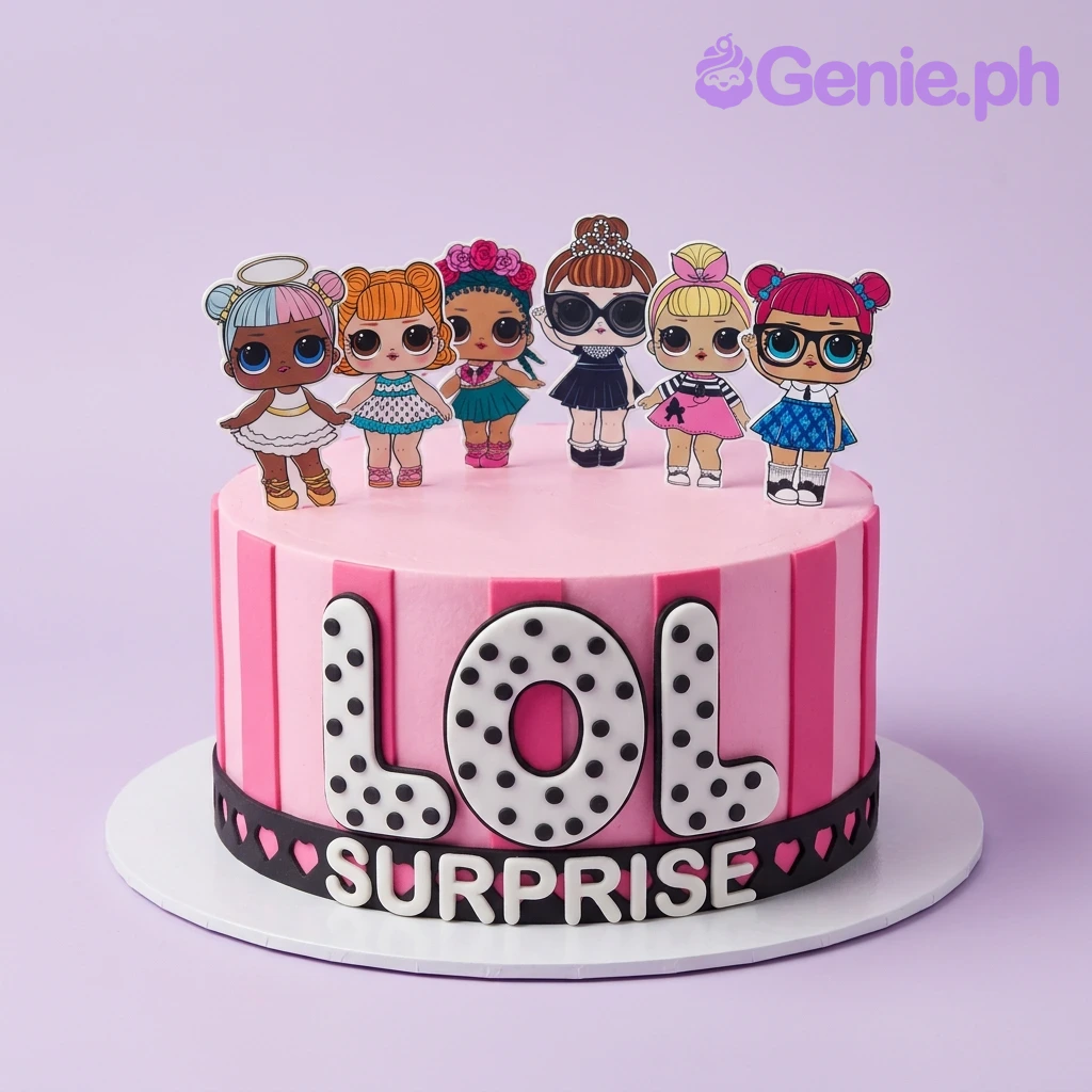 A pink and white 1-tier cake themed around LOL Surprise, featuring character printouts and polka dot letters.