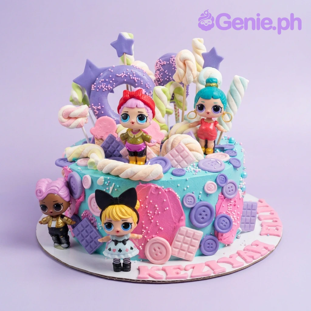 A multicolor 1-tier cake themed around LOL Surprise, featuring four character dolls, fondant details, and marshmallows.