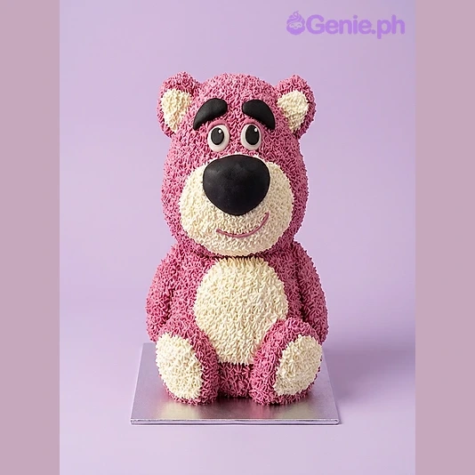 Lotso Bear Cake Pink and white bear-shaped cake with piped fur texture and facial features
