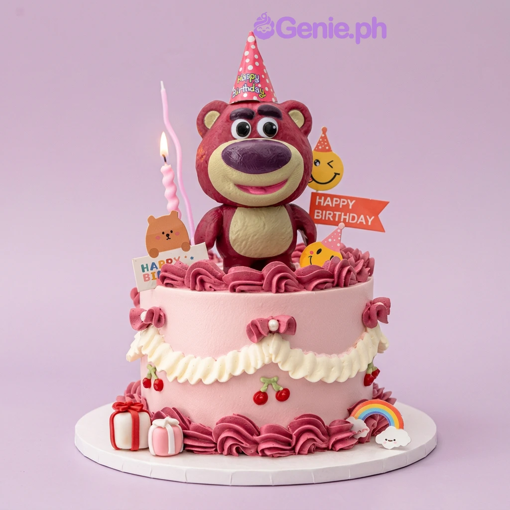 Lotso Bear Pink Birthday Cake Pink 1-tier birthday cake with Lotso bear topper and gift box decorations