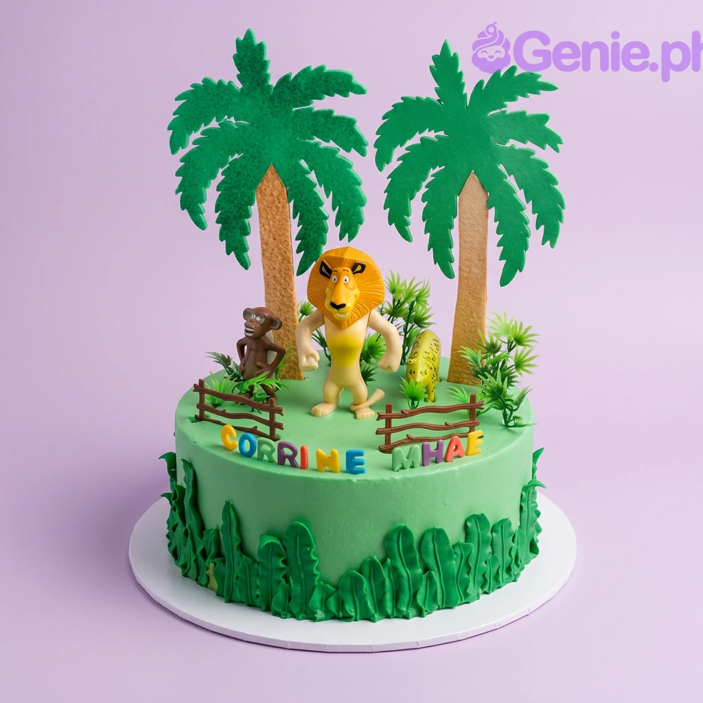 Madagascar-Inspired Jungle Teal Cake A green 1-tier cake themed around Madagascar Jungle, featuring Alex the lion, a monkey, palm trees, brown fences, and green grass.