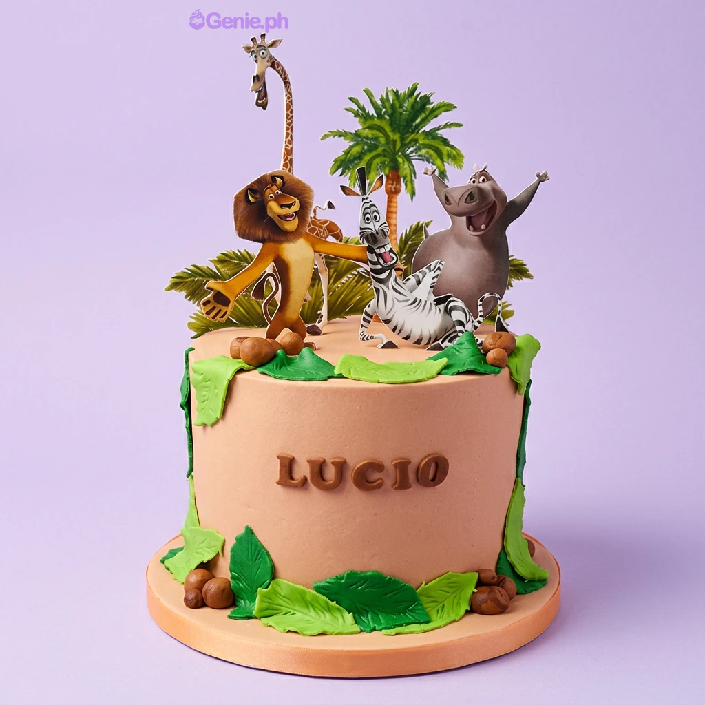 Madagascar-Inspired Peach Birthday Cake A peach 1 Tier Fondant cake themed around Madagascar, featuring Alex, Marty, Gloria, and Melman character cutouts.