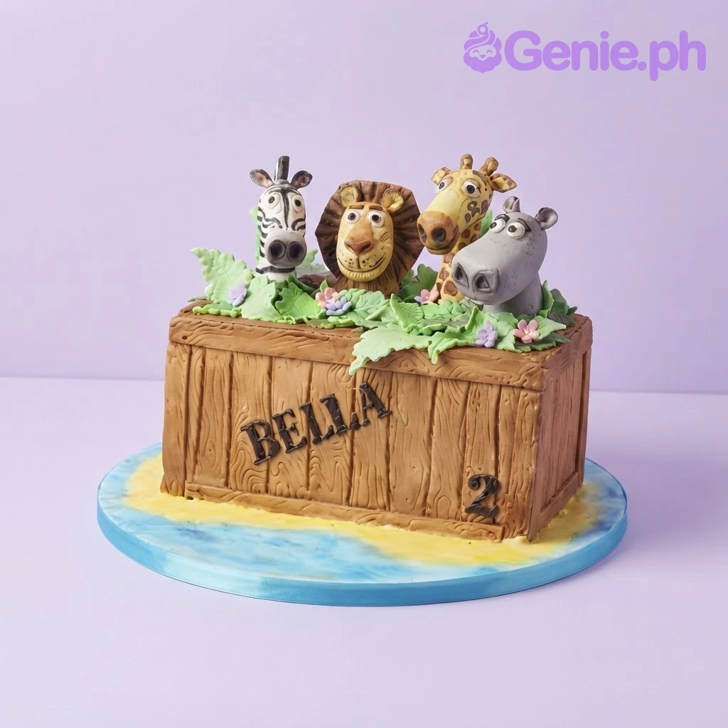Tan rectangular fondant cake shaped like a wooden crate with Madagascar character heads and green leaves on top Tan rectangular fondant cake shaped like a wooden crate with Madagascar character heads and green leaves on top