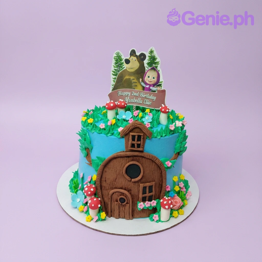 Masha And The Bear Sky Blue Birthday Cake A light blue 1-tier cake themed Masha And The Bear, featuring a Masha and Bear printout, brown house, mushrooms, and flowers.
