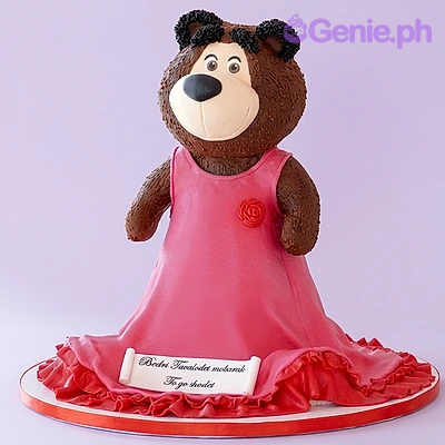 Masha Bear Pink Cake Shaped Masha and the Bear cake with pink fondant dress and piped brown fur head