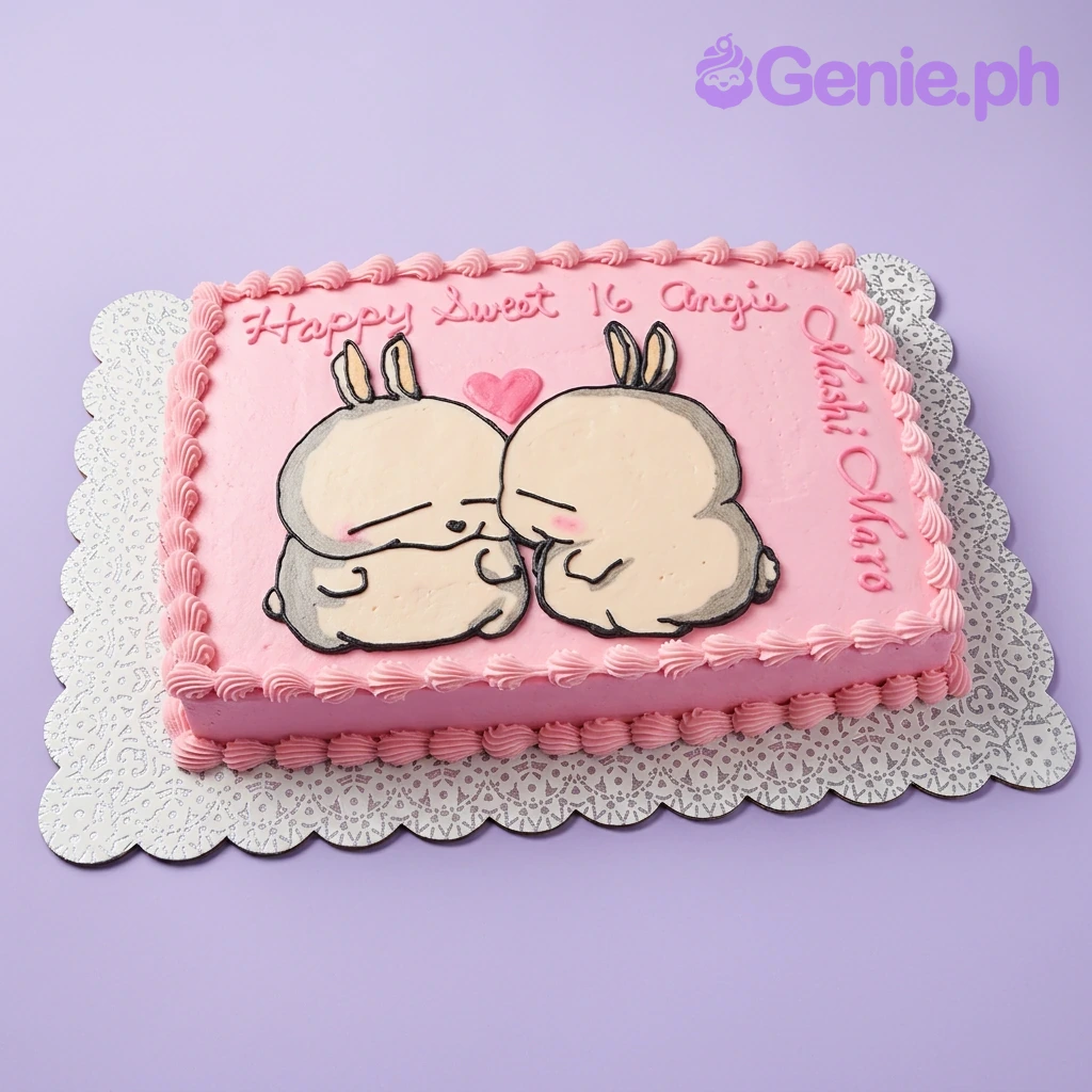 Mashimaro Bunny Rectangle Birthday Cake A pink rectangular Mashimaro Bunny cake with a printed bunny design, white icing borders, and 'Happy Sweet 16 Angie' text.