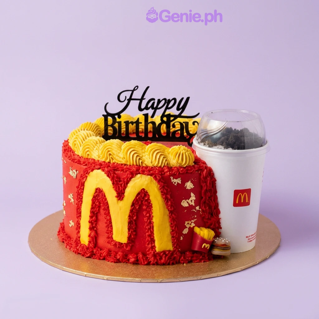A red and yellow 1-tier McDonald's cake, featuring a 'Happy Birthday' topper, cup, 'M' logo, miniature burger, and fries.