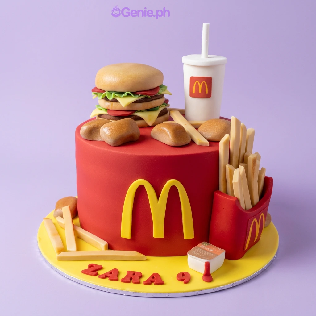 A red and yellow 1 Tier Fondant cake, McDonald's themed, with burger, fries, soda cup, and 'ZARA 9' text.