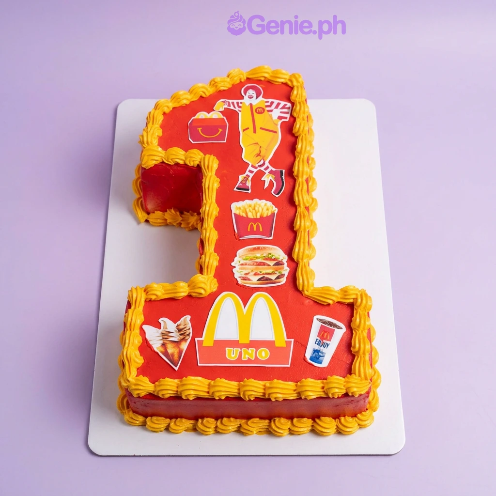 A red number one shaped cake with McDonald's themed printouts, featuring Ronald McDonald and yellow icing borders.