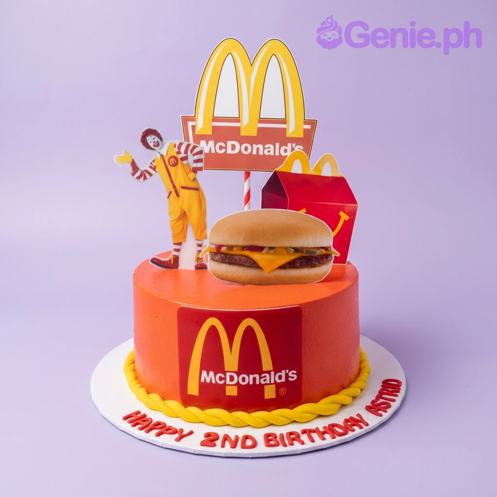 A red and yellow 1-Tier cake themed around McDonald's, featuring Ronald McDonald, Happy Meal box, cheeseburger, and golden arches printout toppers, with a yellow rope border.
