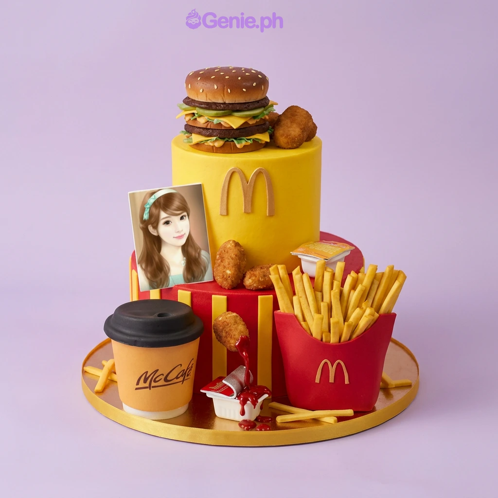 A red and yellow 2-tier fondant McDonald's themed cake, featuring a burger, fries, nuggets, McCafe cup, custom photo, and M logos.
