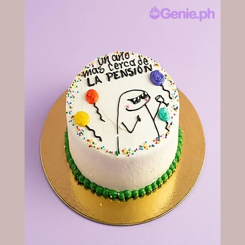 Meme White Birthday Cake White 1-tier cake with a black Flork meme drawing and colorful piped balloons
