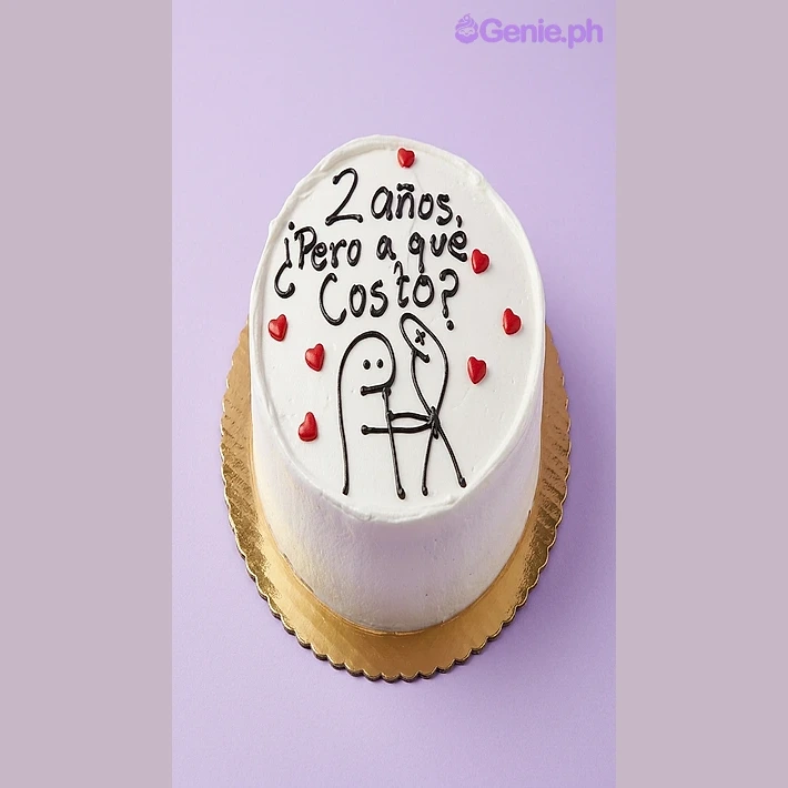 Meme White Heart Bento Anniversary Cake White bento cake with black piped stick figure meme illustration and red heart accents
