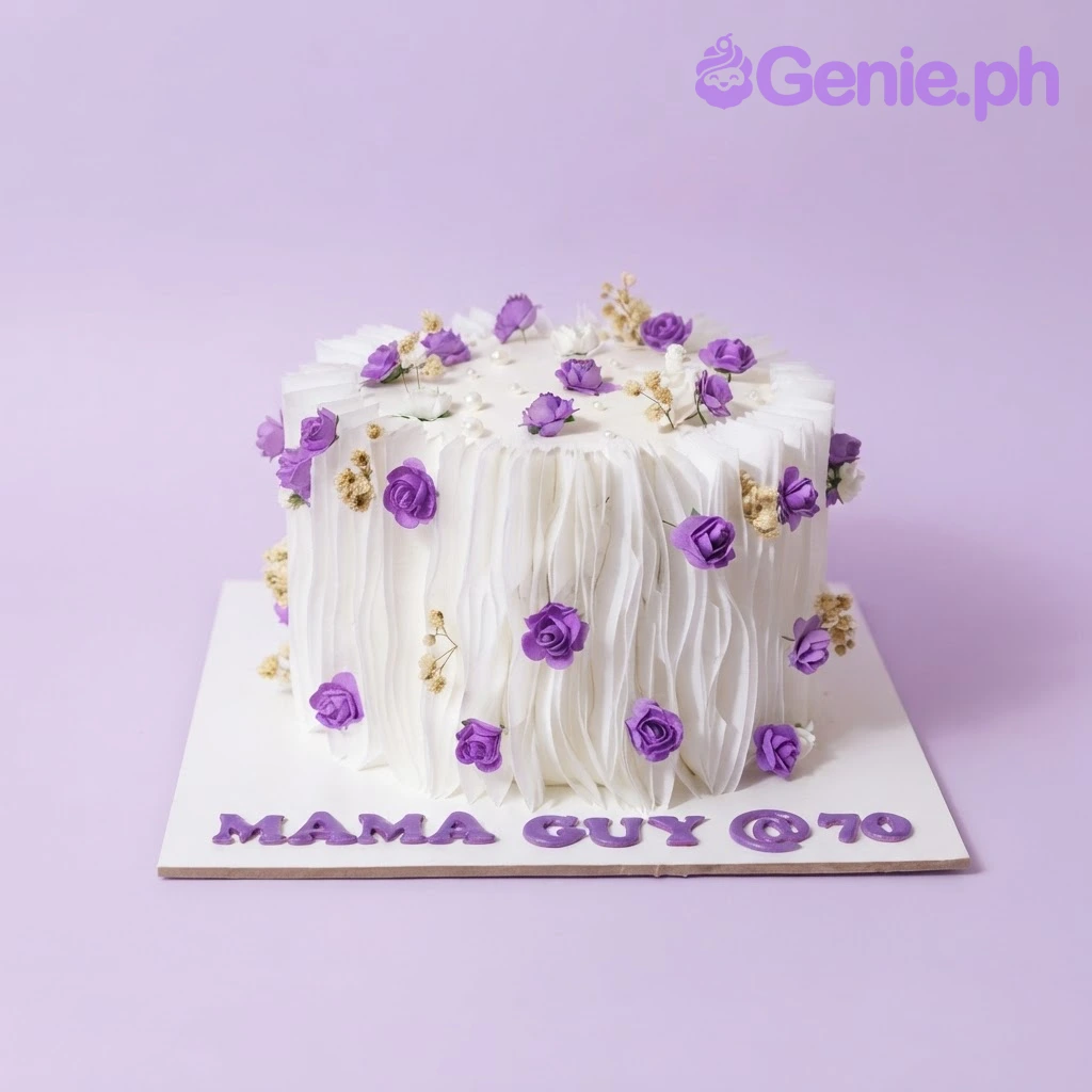 Memory White Floral Cake White 1 tier cake with smooth soft icing, purple fondant roses, and scattered sugar pearls