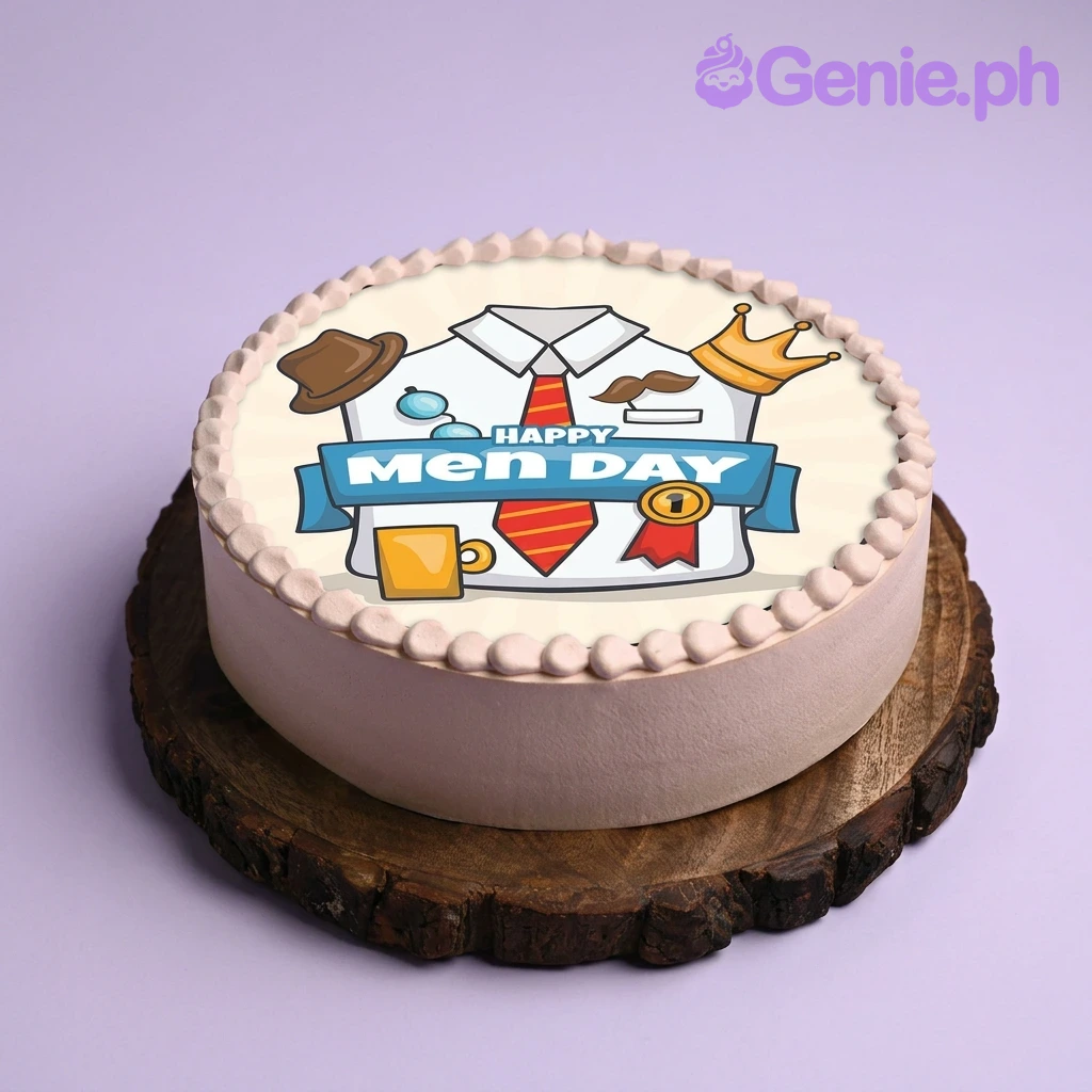 Men's Day White Cake Tan minimalist cake for Men's Day featuring a large central printout of a shirt, tie, and accessories with a Happy Men Day banner.