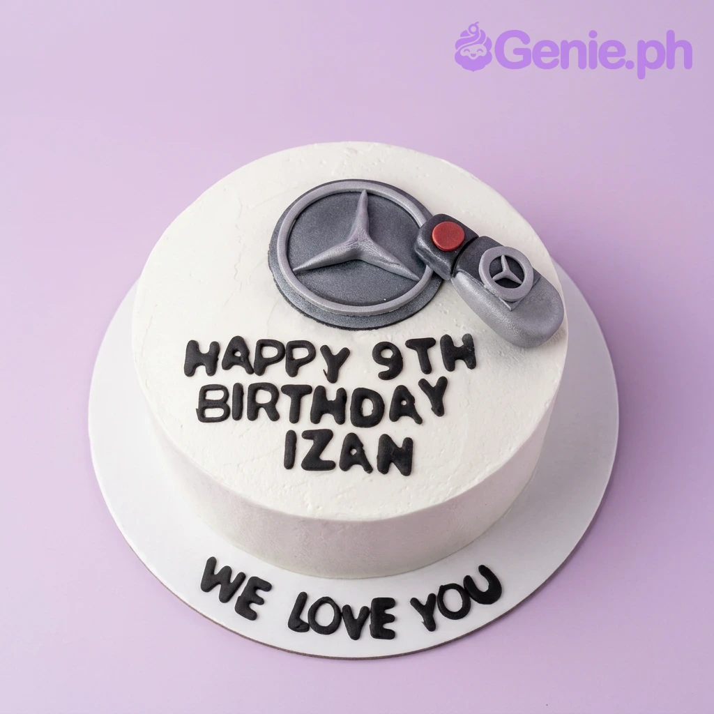 Mercedes Benz White Birthday Cake White minimalist Mercedes-Benz themed birthday cake with a 3D fondant car key and logo topper.