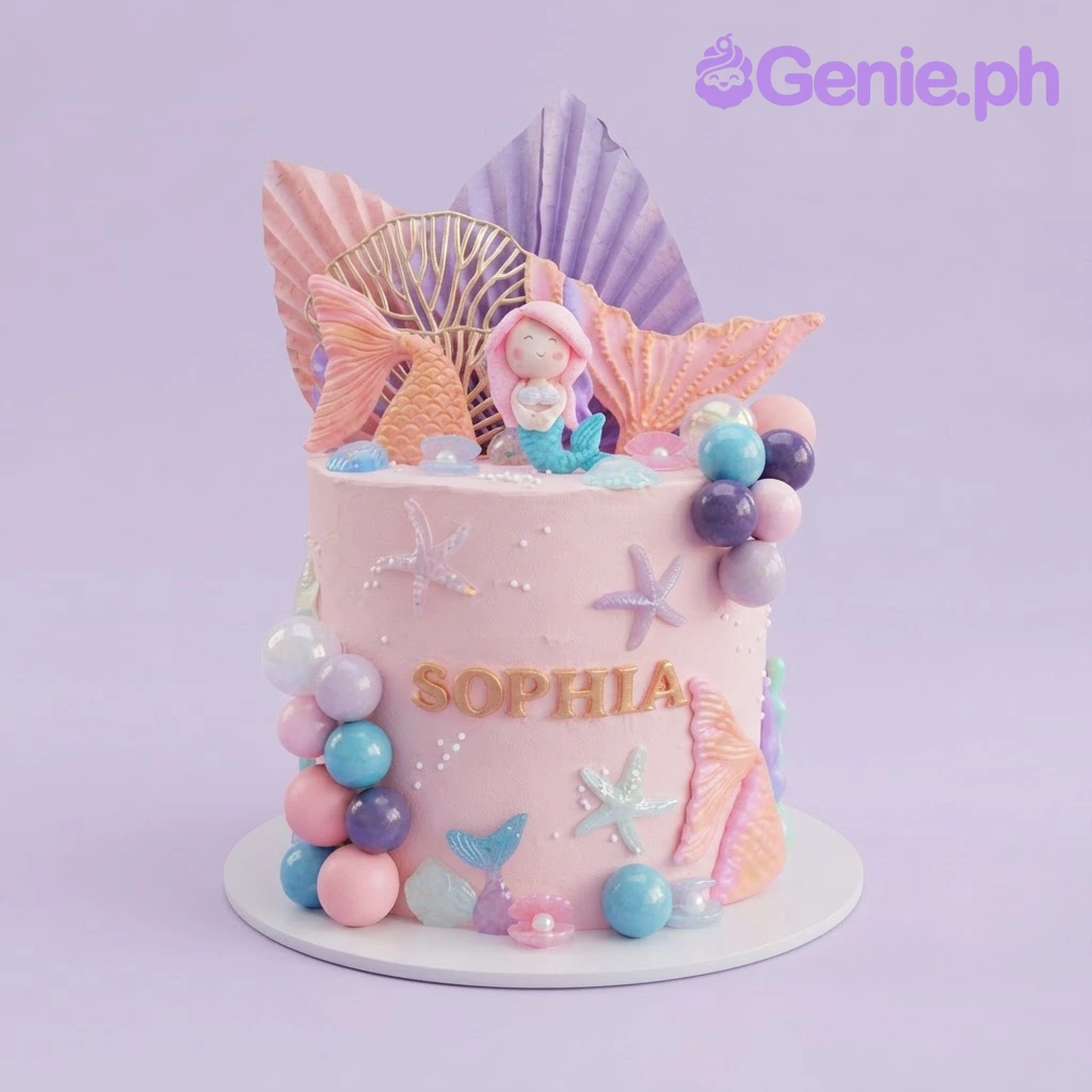 Mermaid Birthday Pink Cake Pastel pink 1-tier birthday cake with smooth soft icing, a fondant mermaid character, and purple fan cardstock toppers