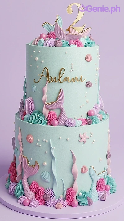 Mermaid Sky Blue Glitter 2-Tier Birthday Cake A light blue two-tier Mermaid themed cake with a gold number two topper, pink and teal mermaid tails, and icing swirls.
