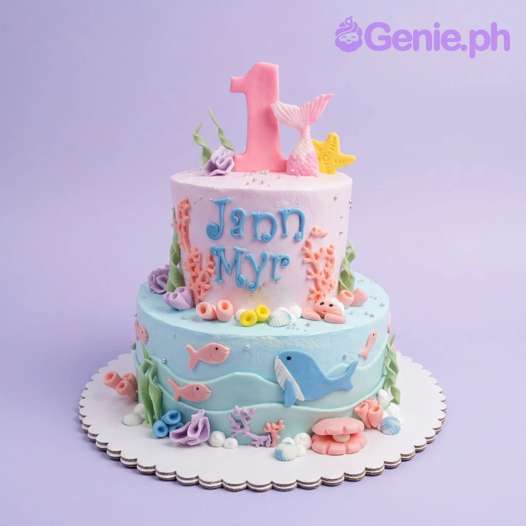 Mermaid Under The Sea 2-Tier Cake A pink and blue two-tier cake themed around Mermaid Under The Sea, featuring a pink number one, mermaid tail, blue whale, and fondant sea creatures with 'Jann Myr' text.