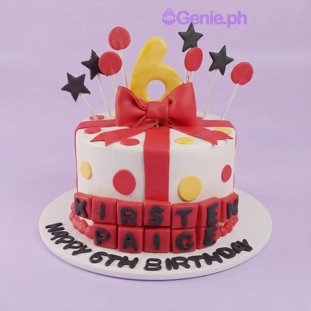A white 1-tier fondant cake, Mickey Mouse themed, featuring a yellow '6' topper, a red bow, polka dots, and black stars. A white 1-tier fondant cake, Mickey Mouse themed, featuring a yellow '6' topper, a red bow, polka dots, and black stars.