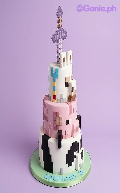 Minecraft 3 Tier Fondant - white, pink theme with pixelated sword and pixelated Minecraft character designs (chicken, pig,...