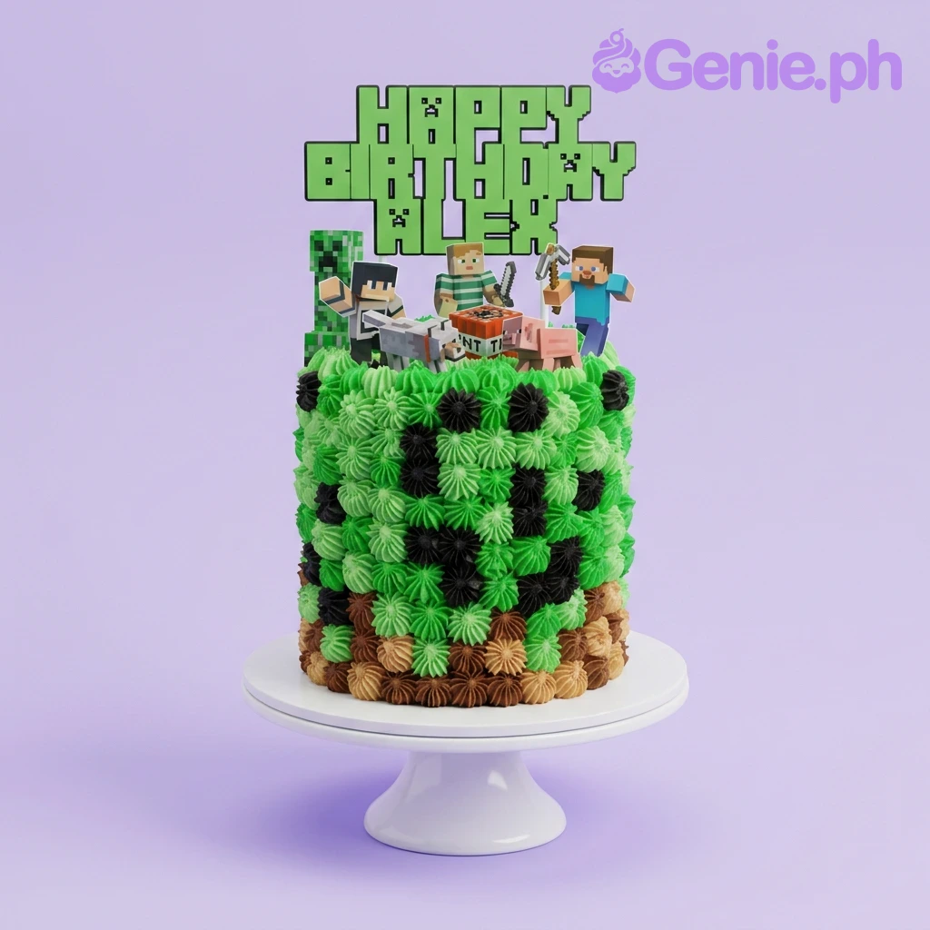 minecraft 1 Tier - green, black, cream theme with Happy Birthday Alex Minecraft font topper and green buttercream rosettes