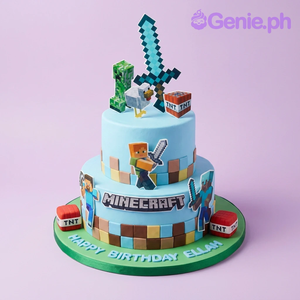 A multicolor 2-tier fondant cake featuring Minecraft characters, TNT blocks, and pixel square decorations.