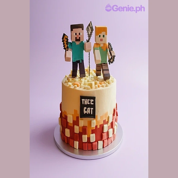 Minecraft themed 1-tier fondant cake with Steve and Alex figures and pixelated block decorations